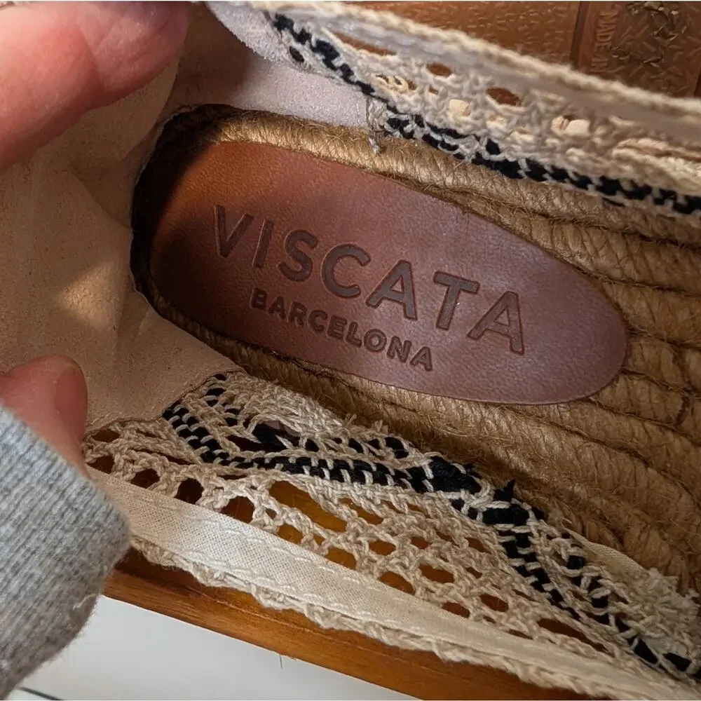 Viscata Barcelona Crochet Espadrille Flats | Natural Beige & Navy | Size 41